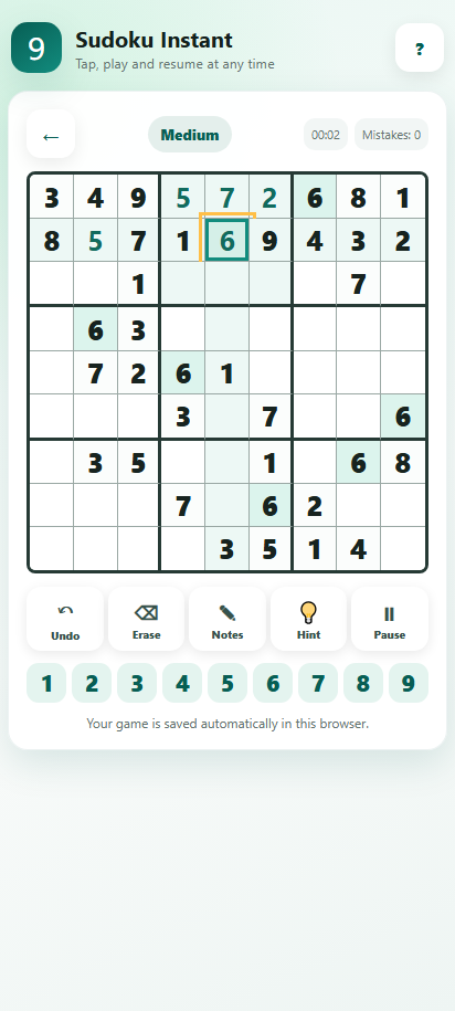 Sudoku Instant gameplay on a mobile viewport with the grid, timer, and number pad